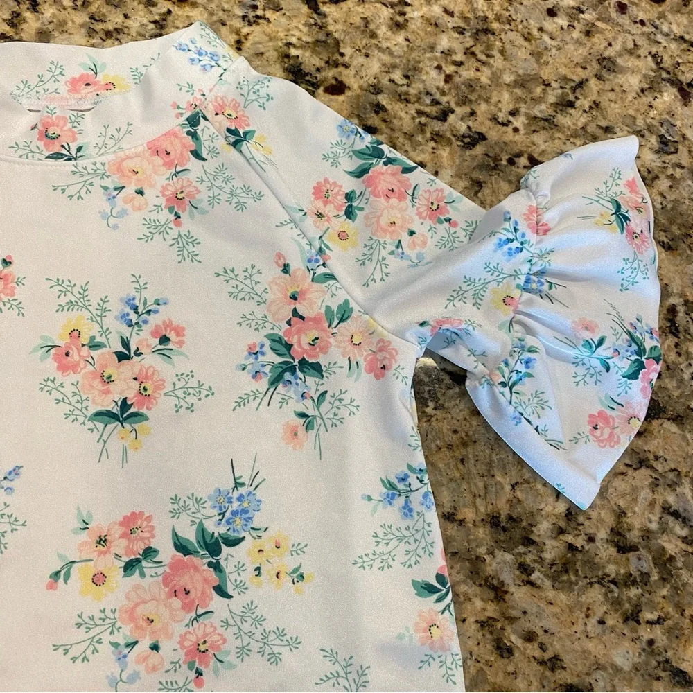 Janie And Jack Girls Floral Ruffle Sleeve Rash Guard Swim Top Size 10 White Pink